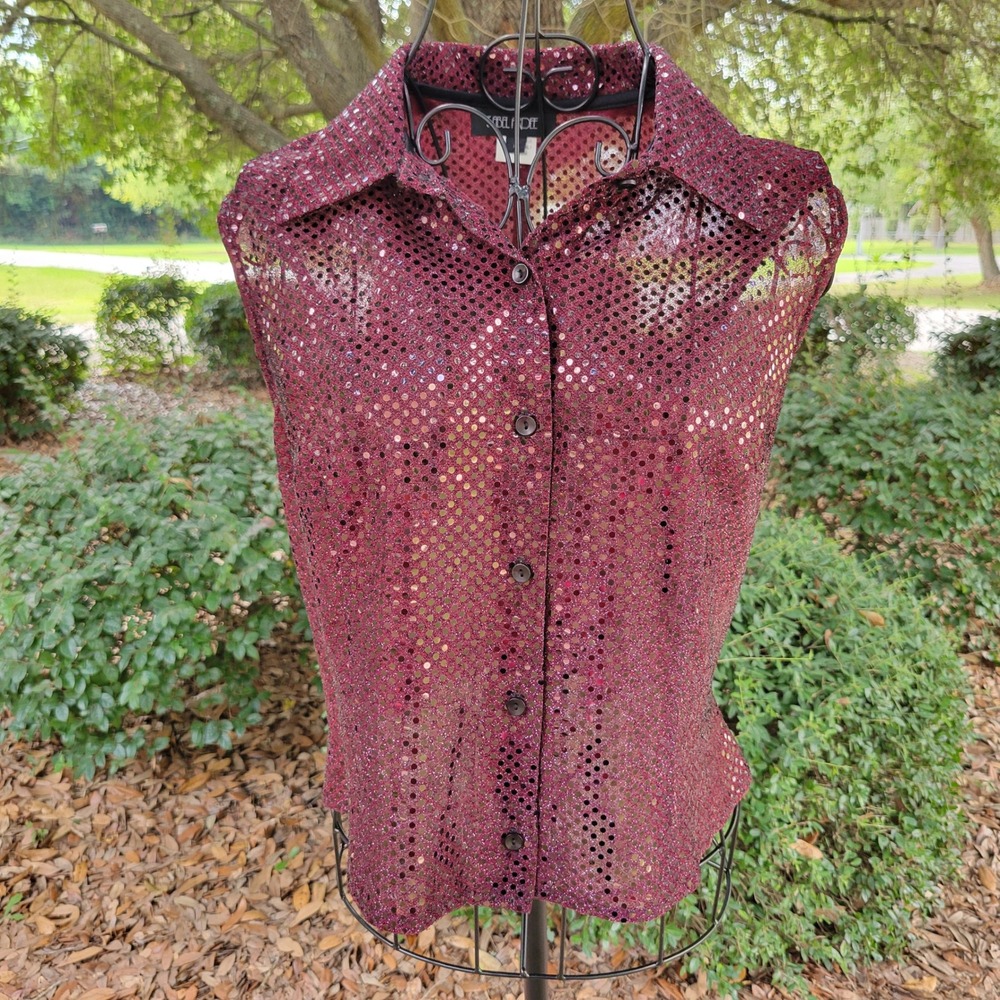 Isabel Ardee L Sleeveless Button Up Burgundy Sequin Mesh Sparkle Top Vintage Y2K